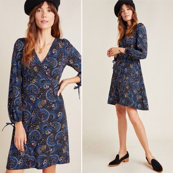 Anthropologie Dresses & Skirts - Anthropologie Blue A-Line Dress with V-Neck and Bishop Sleeves